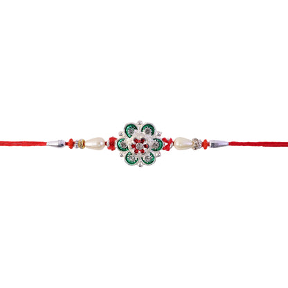 Green Flower Rakhi with Red Beads and Pearl Thread Styling