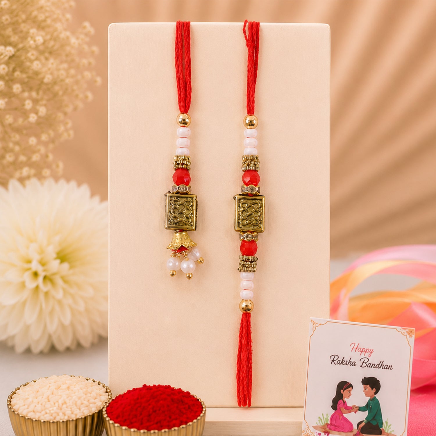 Geometric Rectangle Bhai Bhabhi Rakhi with Rectangular Emblem and Pearls for Gifting