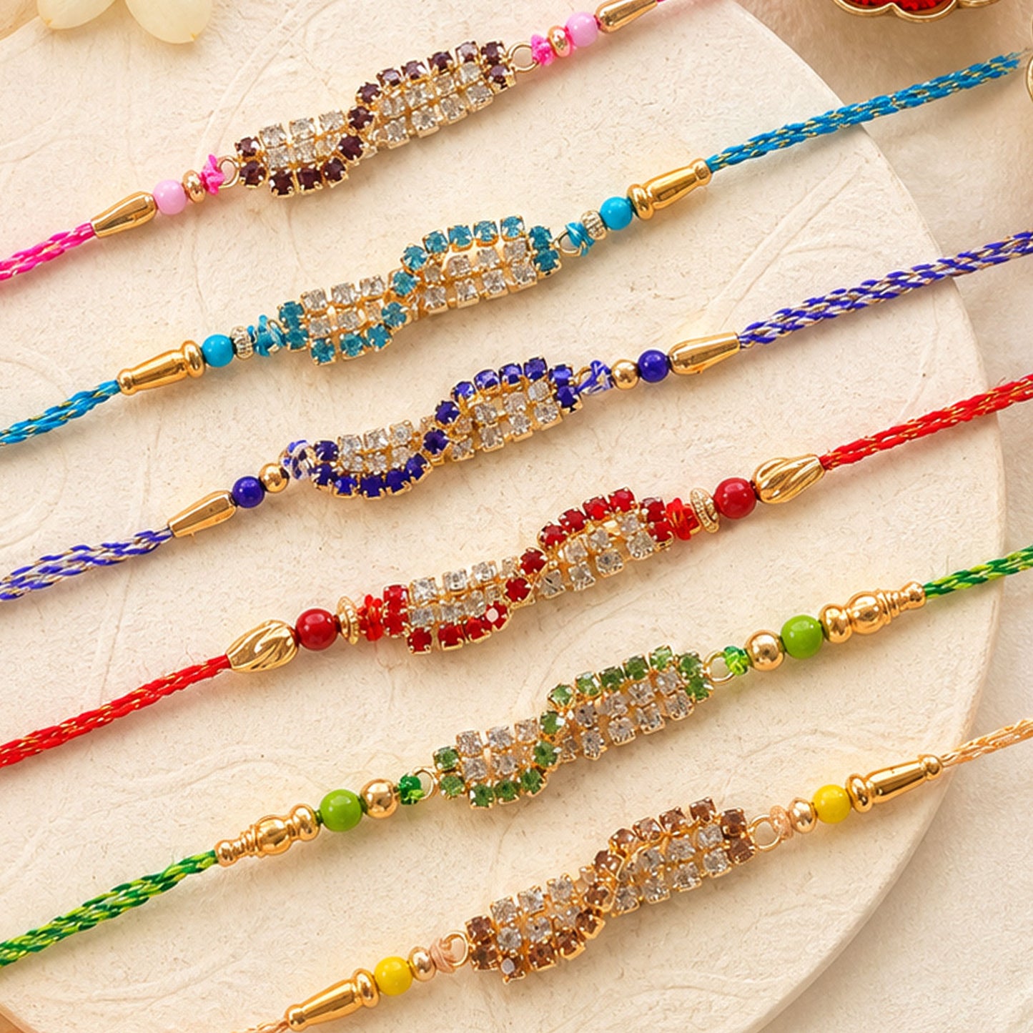Wave Shaped AD Stone Rakhi for Brother with Beads (Pack of 6)