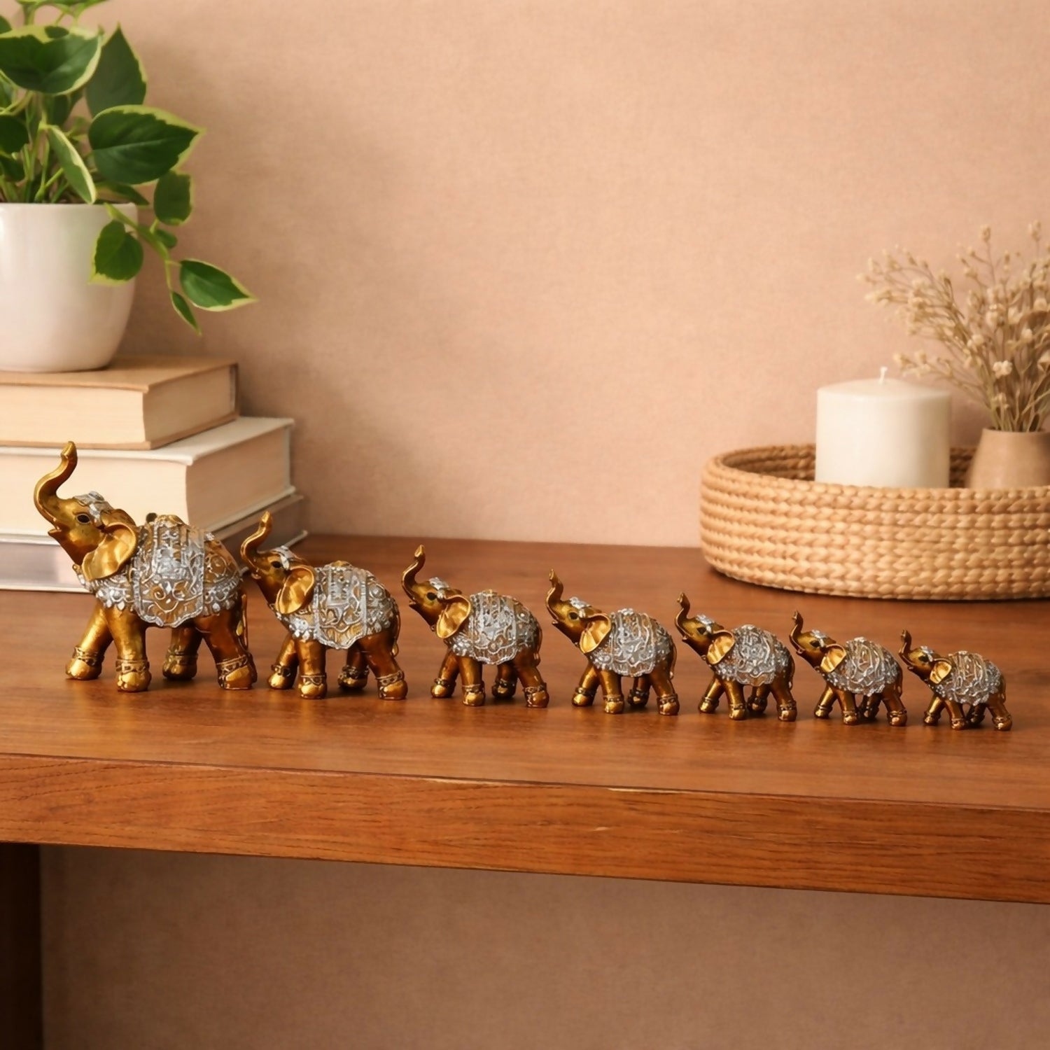 Gold Silver Elephant Family Showpiece Set for Home Décor & Gifting