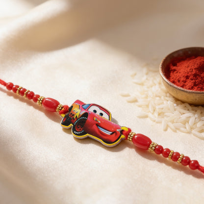 Red Racing Car Kids Rakhi with Gold Beads and Red Thread