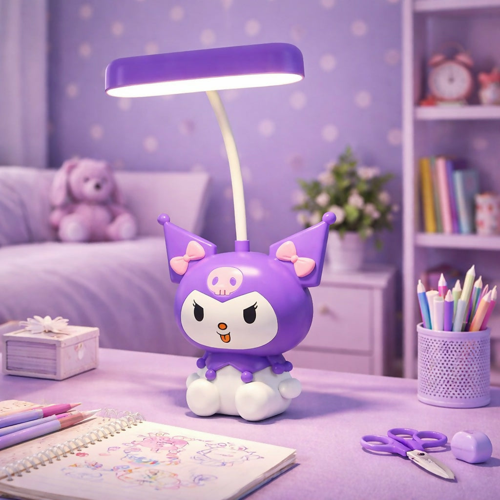 Cute cartoon LED desk lamp with flexible neck on wooden table