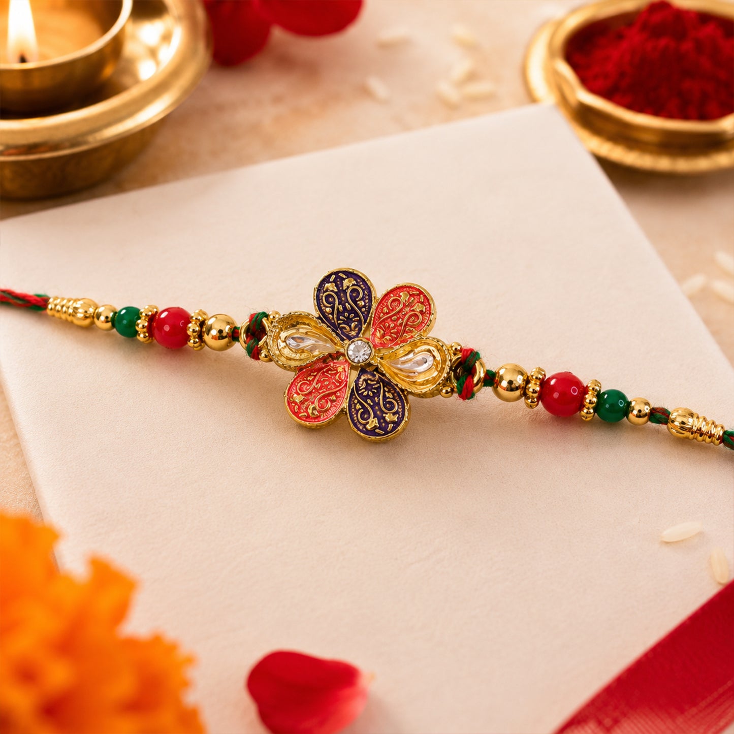 Colorful Floral Rakhi with Red Green Beads and Traditional Festive Gifting Elegance