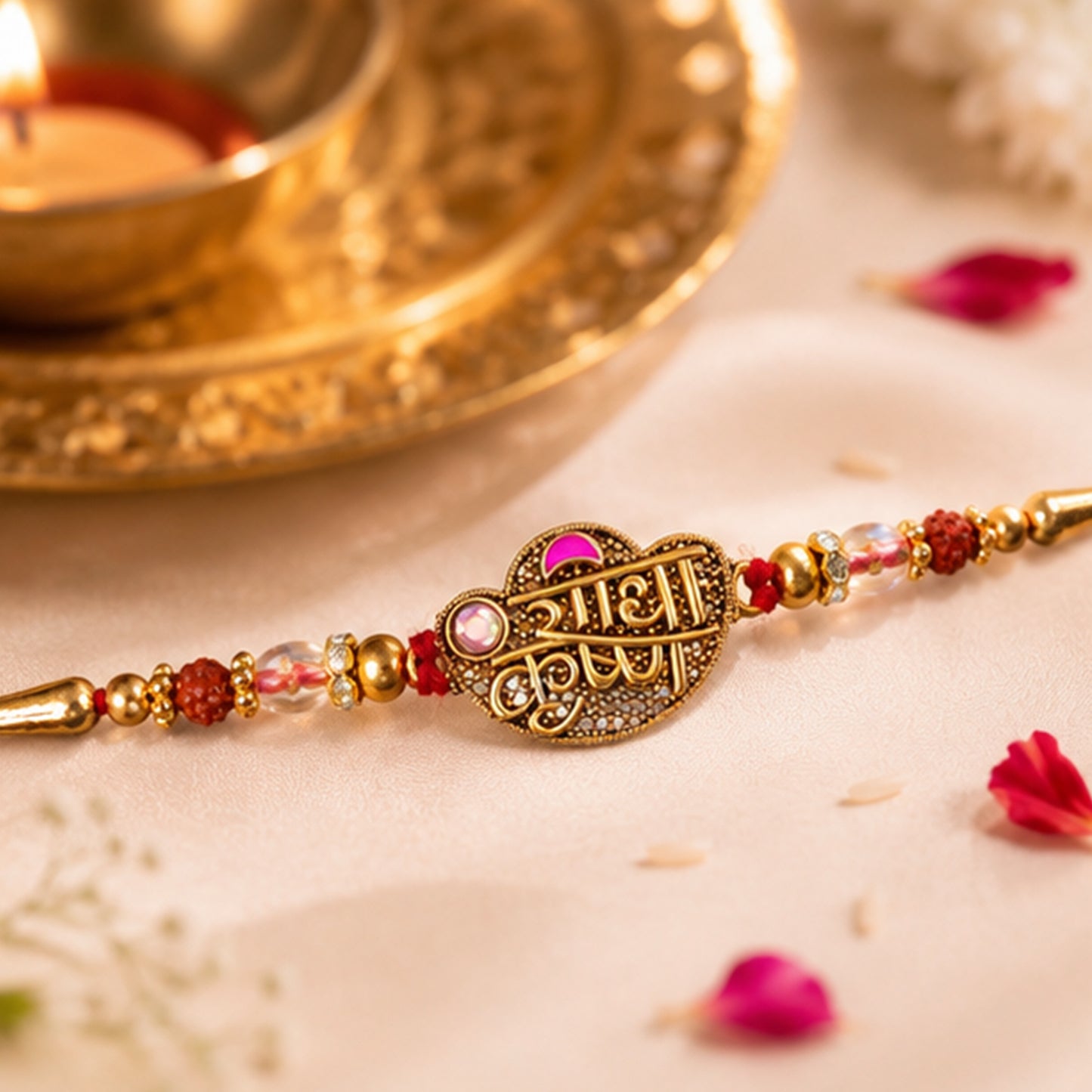 Radha Krishna Script Pendant Rakhi with Pink Kundan Beads