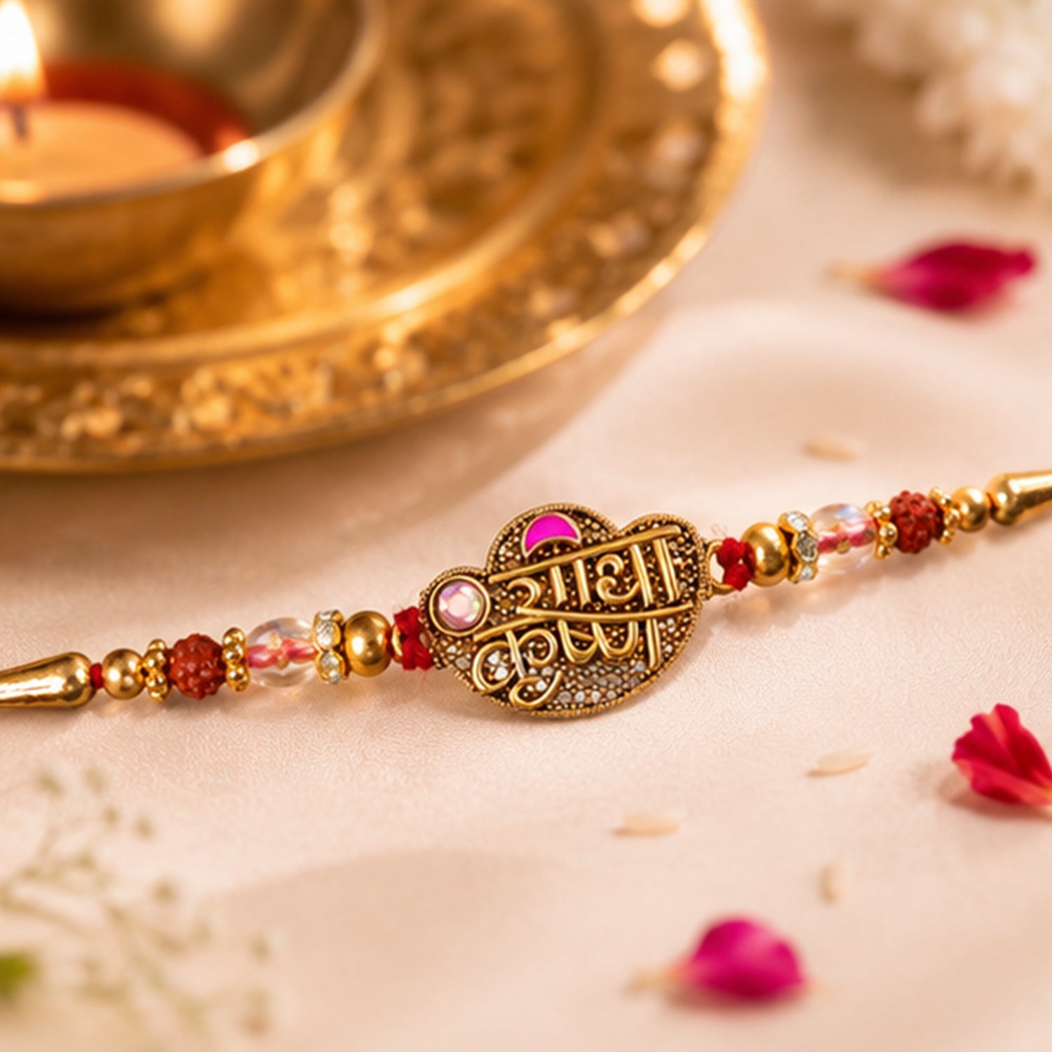 Radha Krishna Script Pendant Rakhi with Pink Kundan Beads