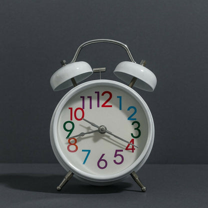 White Twin Bell Alarm Clock – Retro Loud Desk Clock with Multicolor Numbers