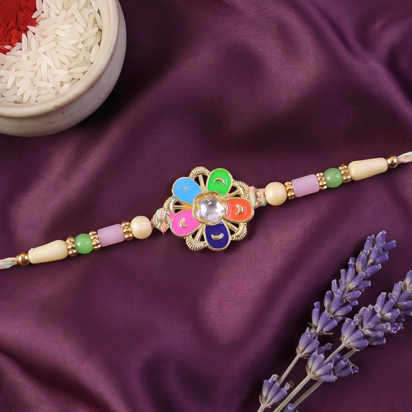 Multicolor Floral Kundan Pendant Rakhi with Pastel Beads