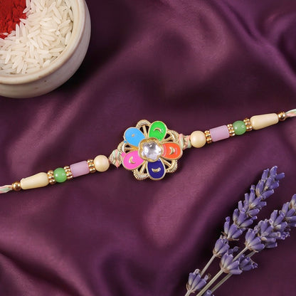 Multicolor Floral Kundan Pendant Rakhi with Pastel Beads