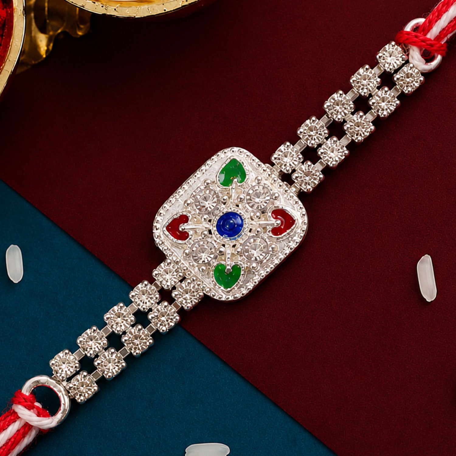 Premium Rakhi featuring Square Floral Charm, crystal accents and gift style for Gift