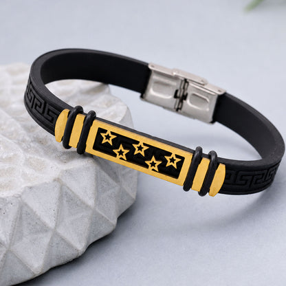 Star Cutout Bracelet Rakhi with Black Band and Gold-Silver Plate for Raksha Bandhan