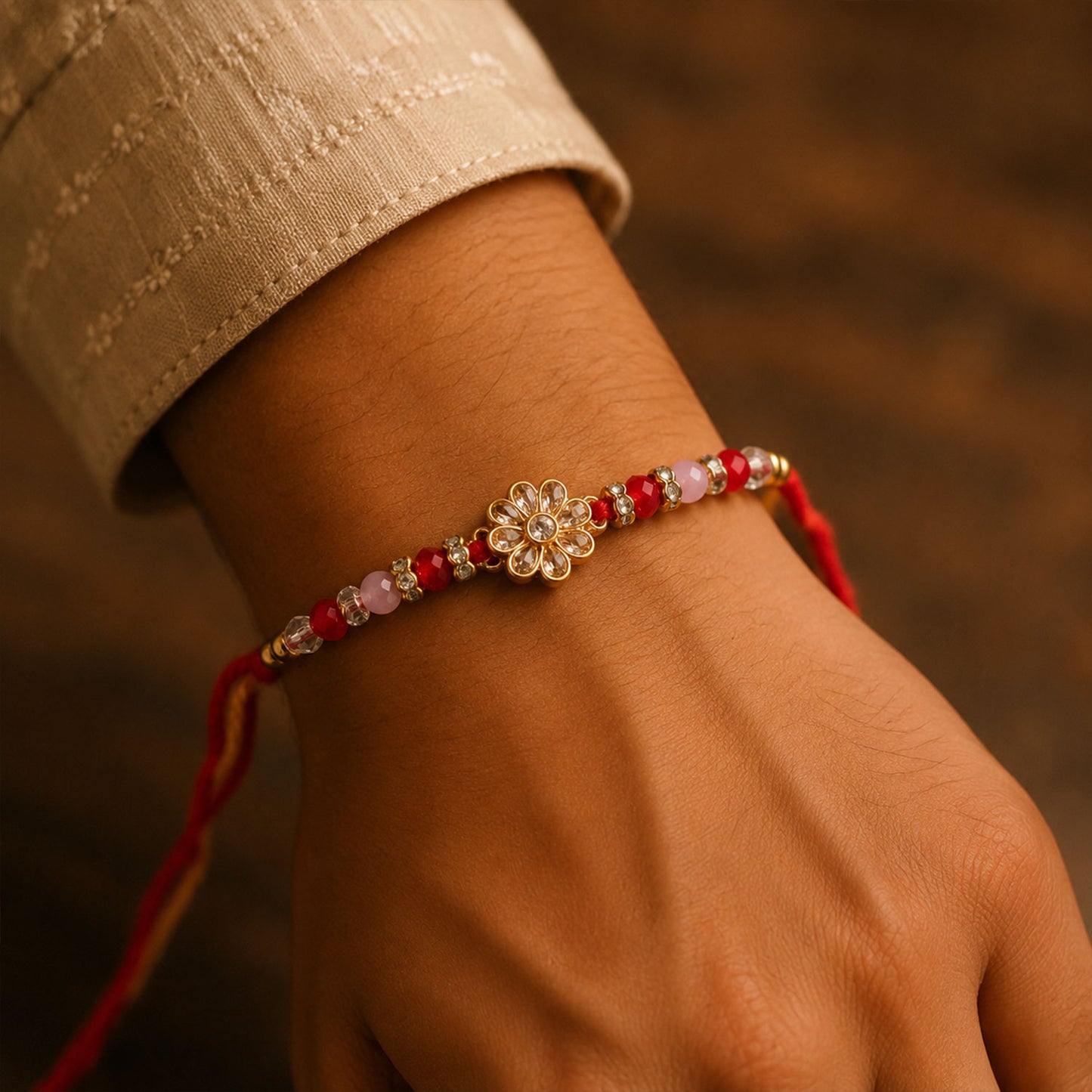 Ruby Red American Diamond Flower Rakhi for Brother, Crystal Beads Gift