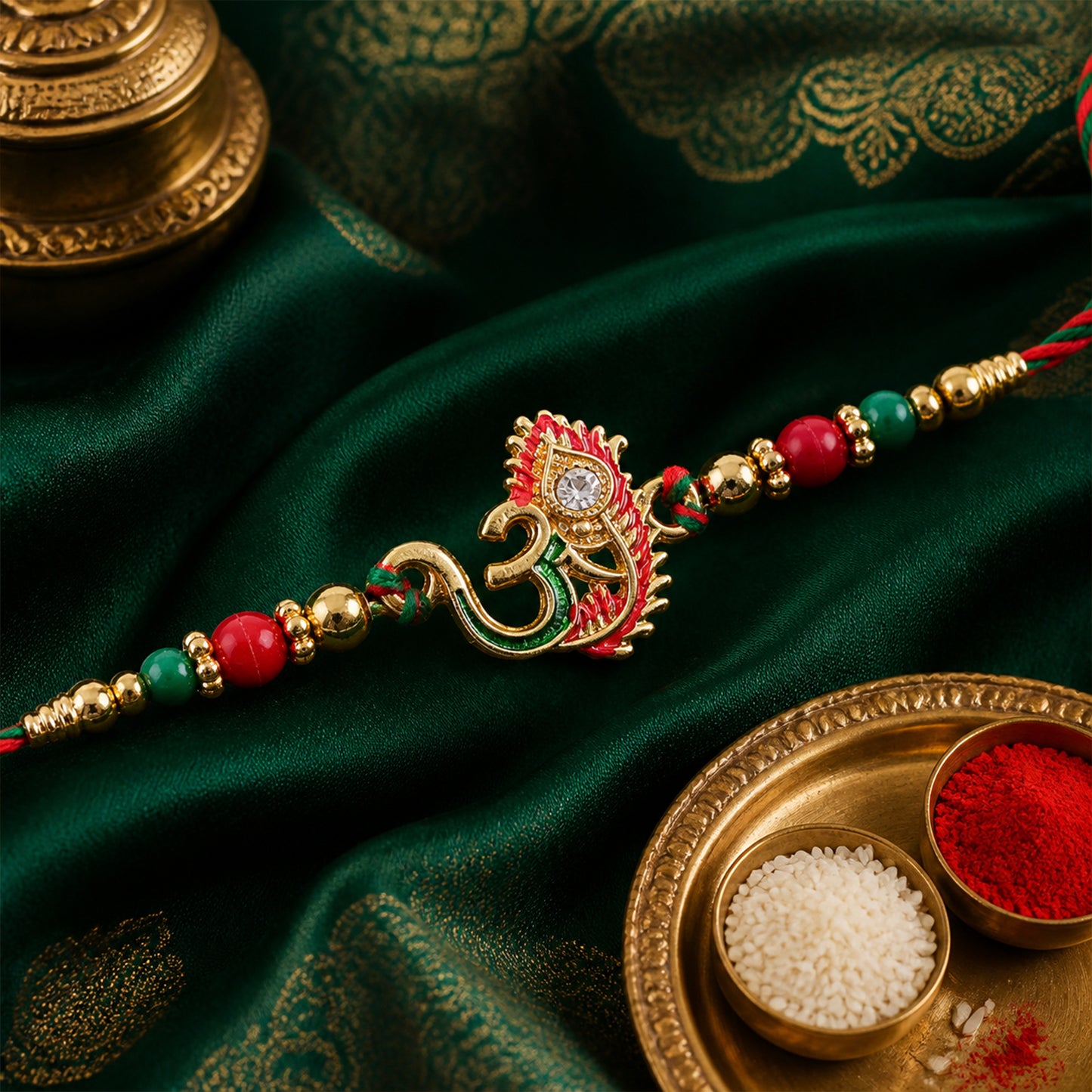 Om and Peacock Feather Enamel Pendant Rakhi with Multicolor Beads