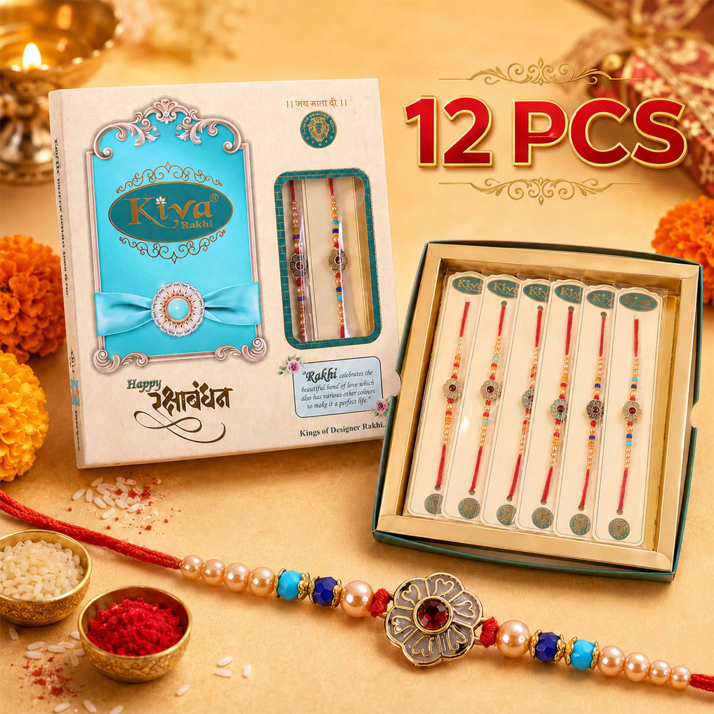 Antique Floral Medallion Designer Rakhi for Brother with Pearl & Beads