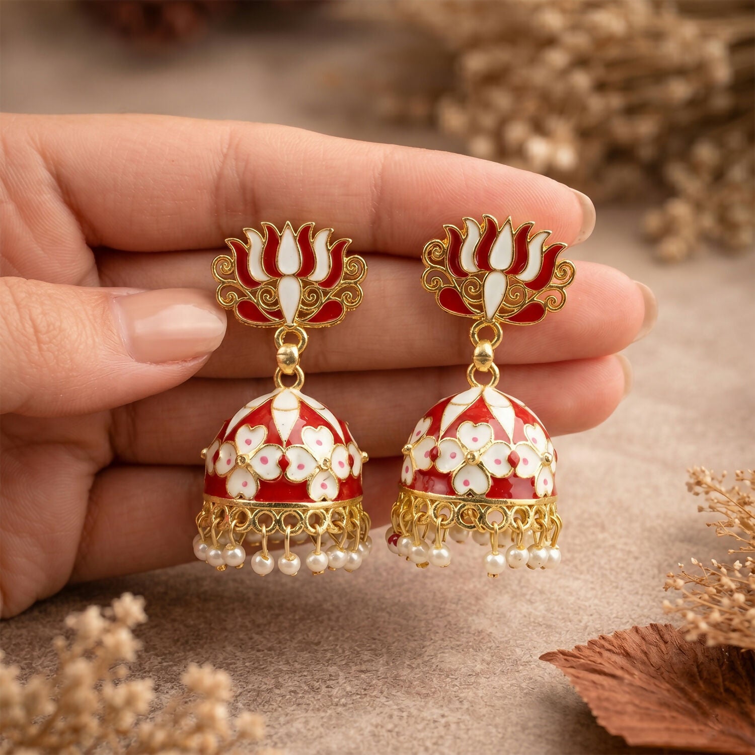 Premium Red Lotus Jhumka Earrings with Pearl Hangings