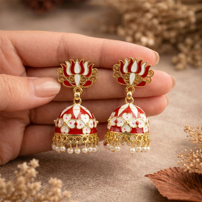 Side view of Red Lotus Jhumka Earrings with pearl beads