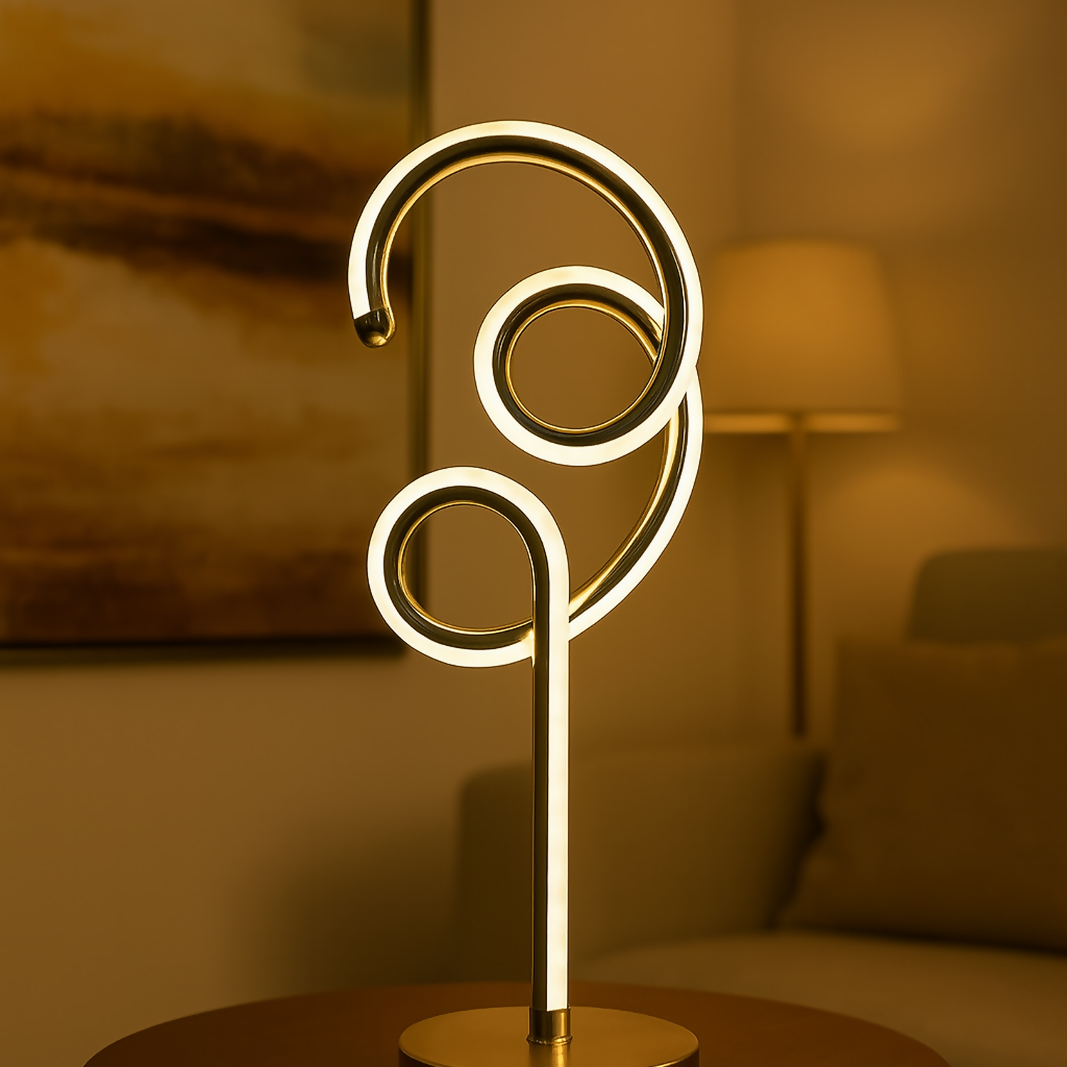 Modern Luxury Spiral LED Table Lamp for Home Décor | Golden Metal Artistic Spiral Design Ambient Light | Warm LED Mood Night Lamp for Bedroom, Living Room, Side Table, Office Decoration | Energy-Efficient Decorative Desk Lamp