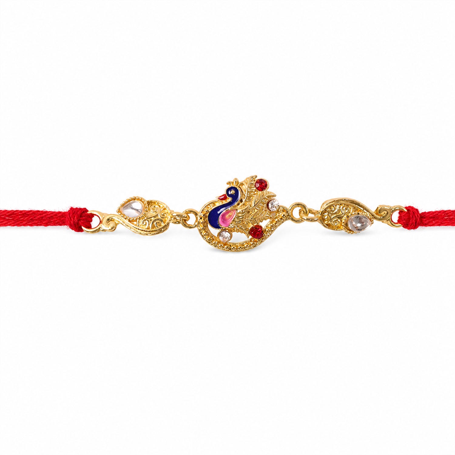Elegant Rakhi showcasing Peacock Charm, color stones and gift style for Gift Styling