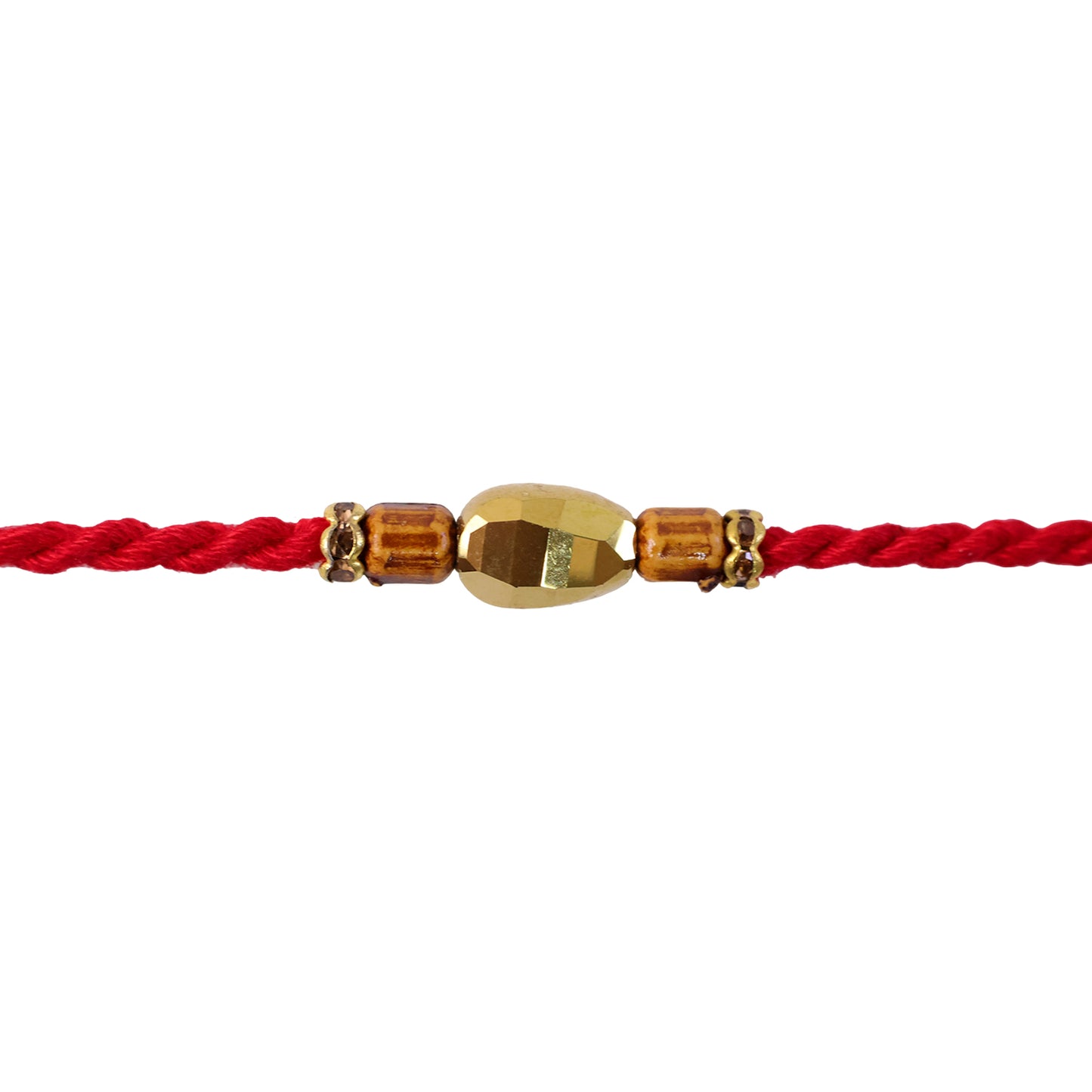 Red Thread Rakhi with Golden Oval Bead and Wooden Bead Accents