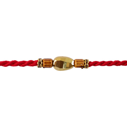 Red Thread Rakhi with Golden Oval Bead and Wooden Bead Accents