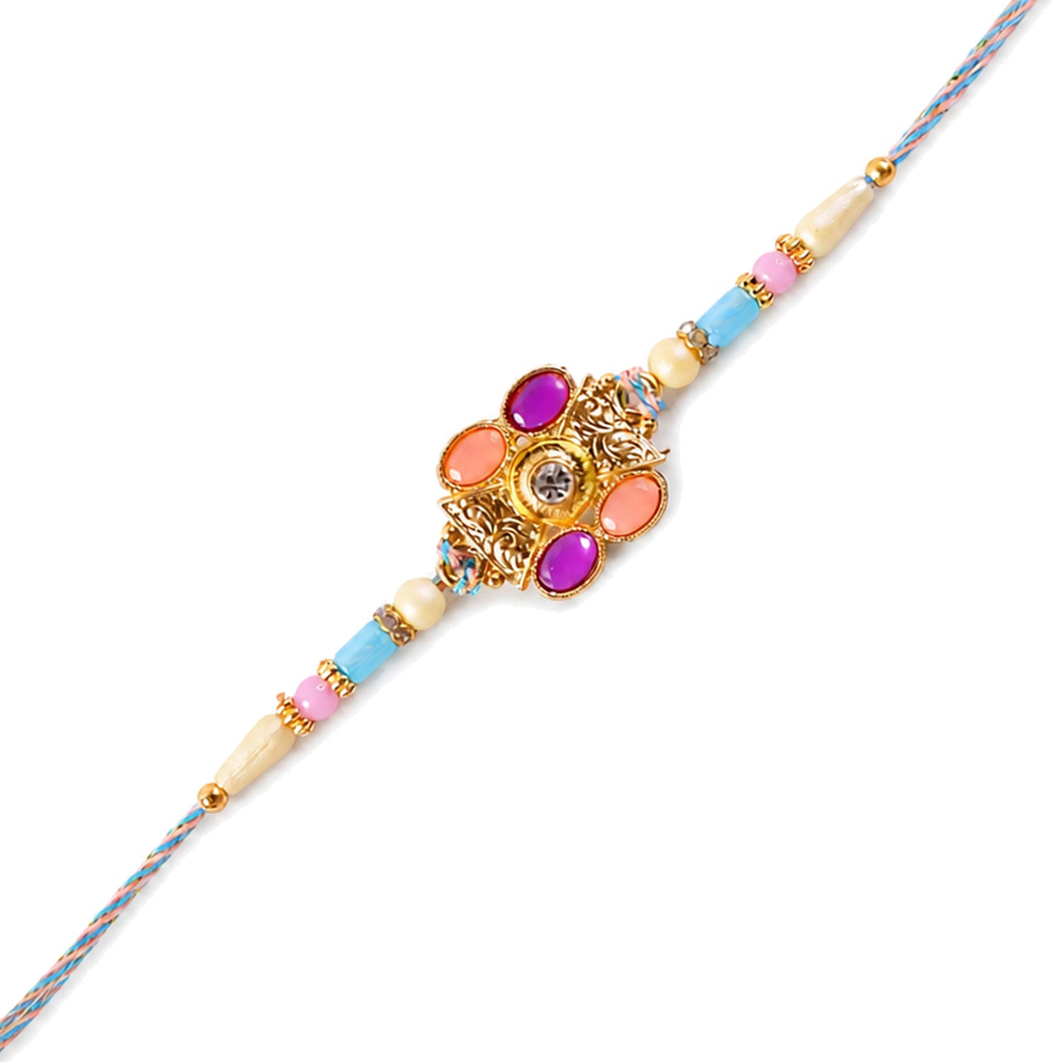 Premium Rakhi with Multicolor Floral Medallion, bead line and chain look for Gift Use