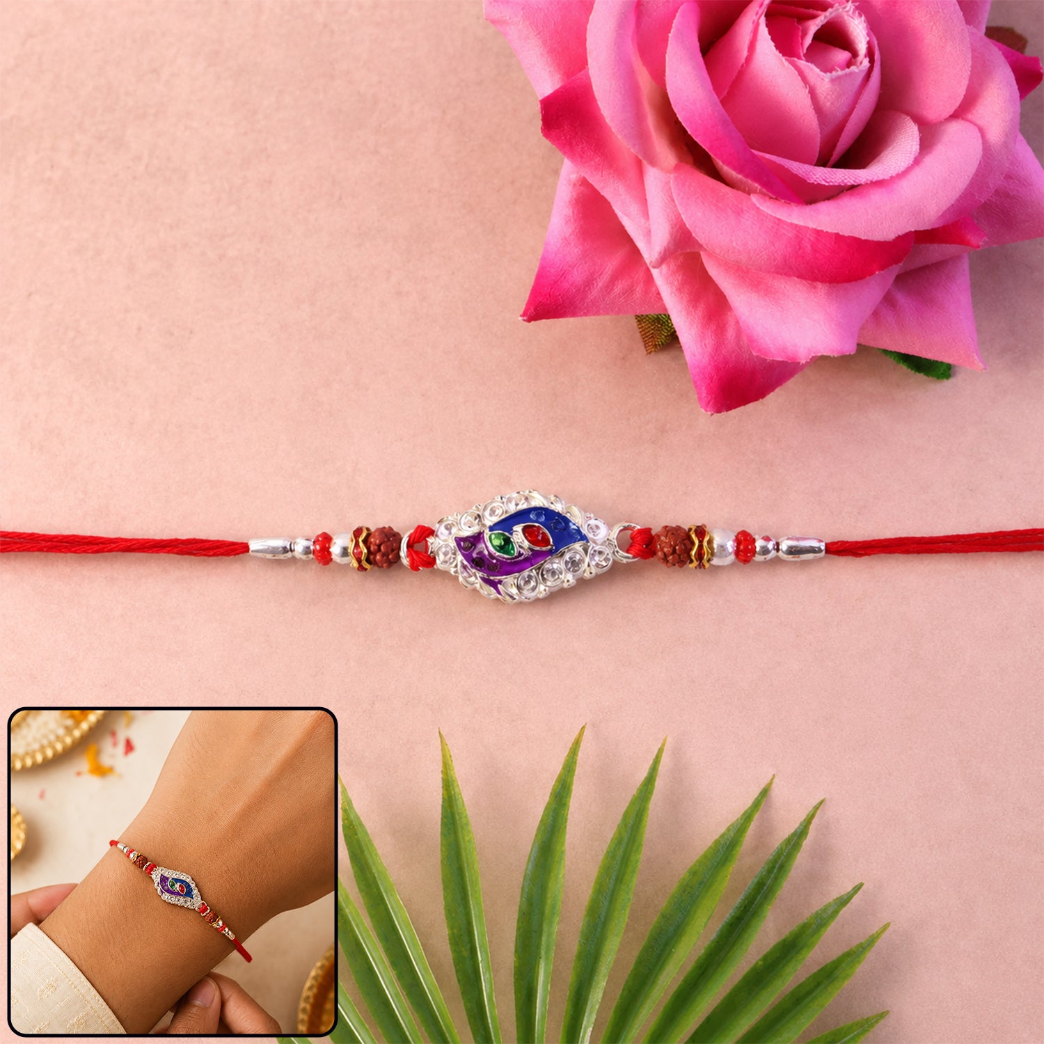 Morpich Enamel Rakhi with Silver Beads and Red Thread