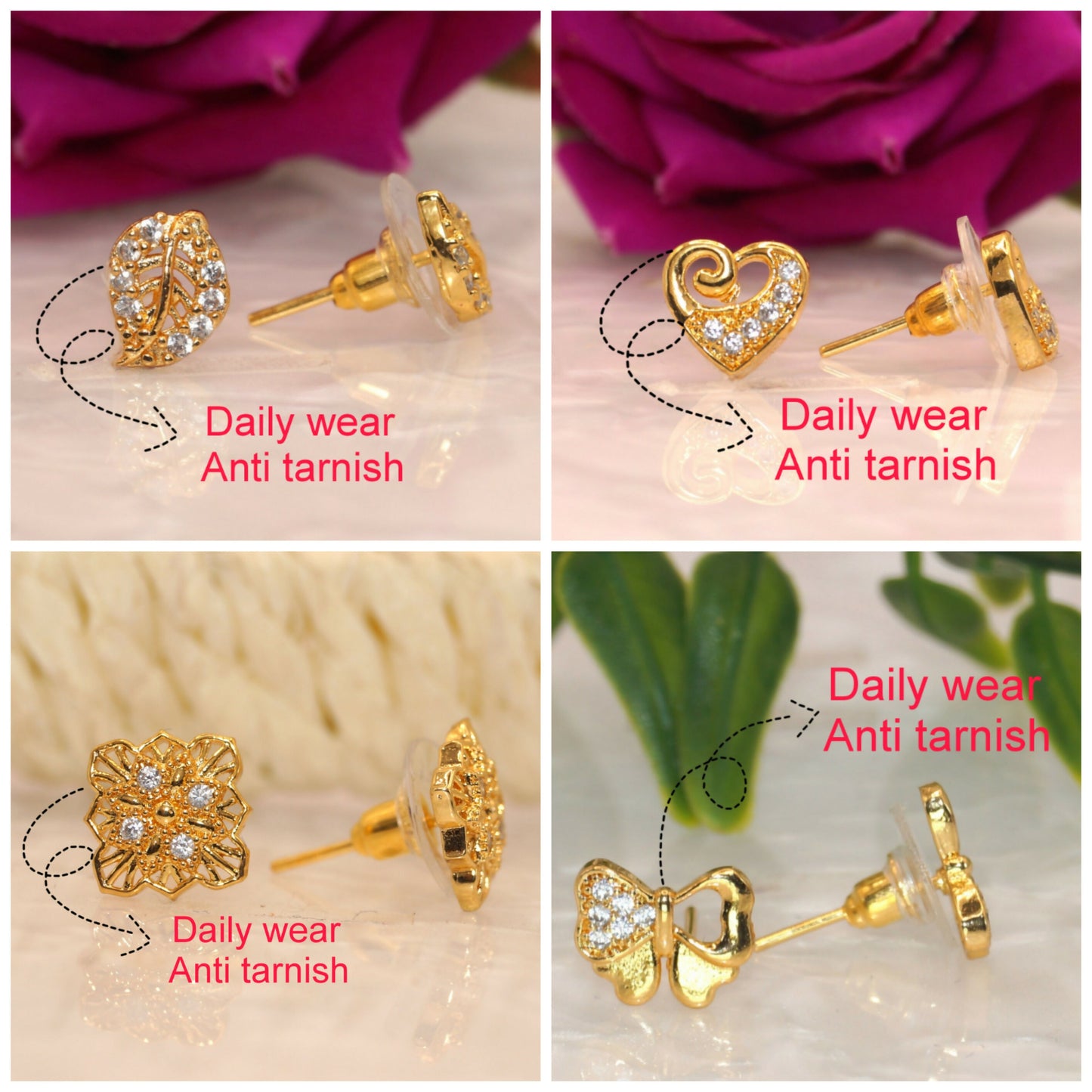 Filigree style gold plated stud earrings enhanced with brilliant CZ stones