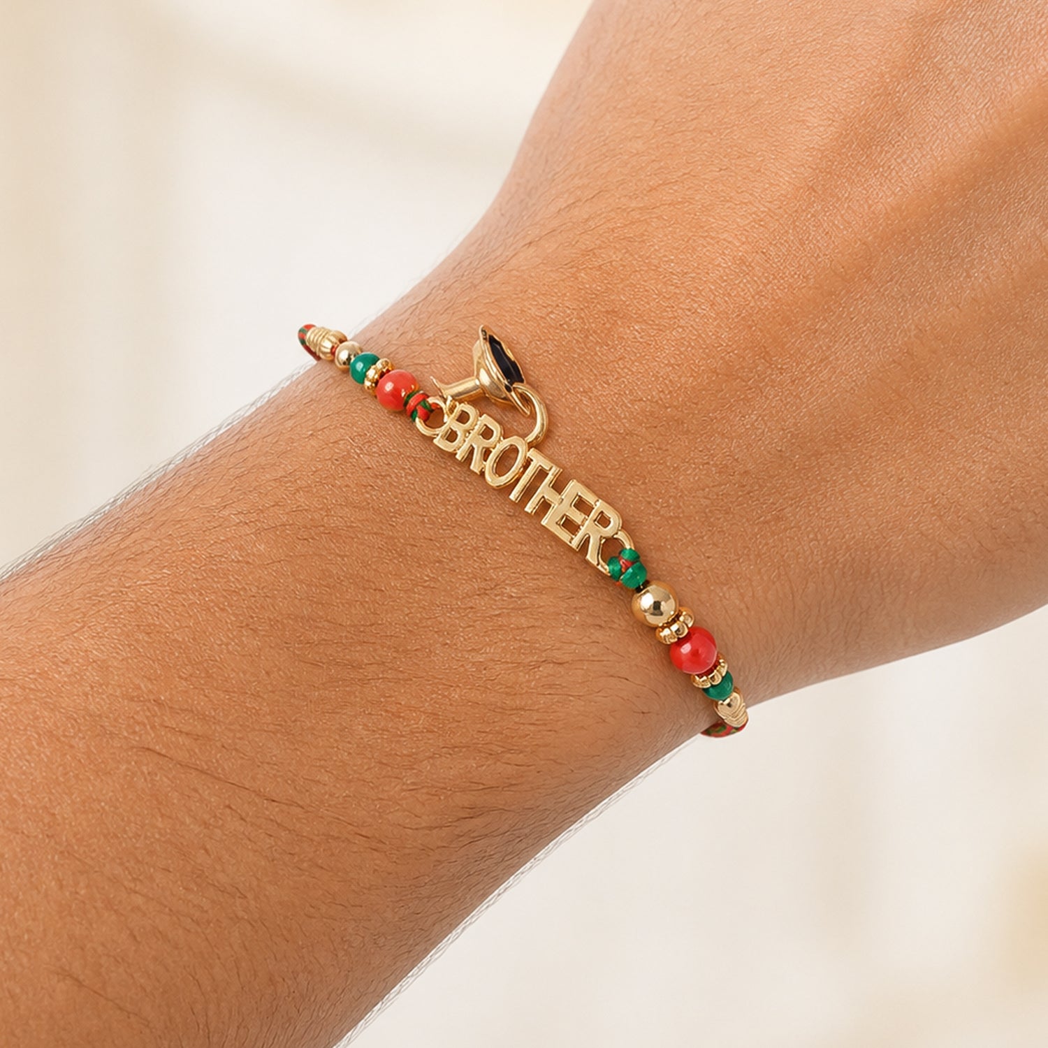 Designer Rakhi with BROTHER Text Plaque and ornate frame in wrist look for Gift Use