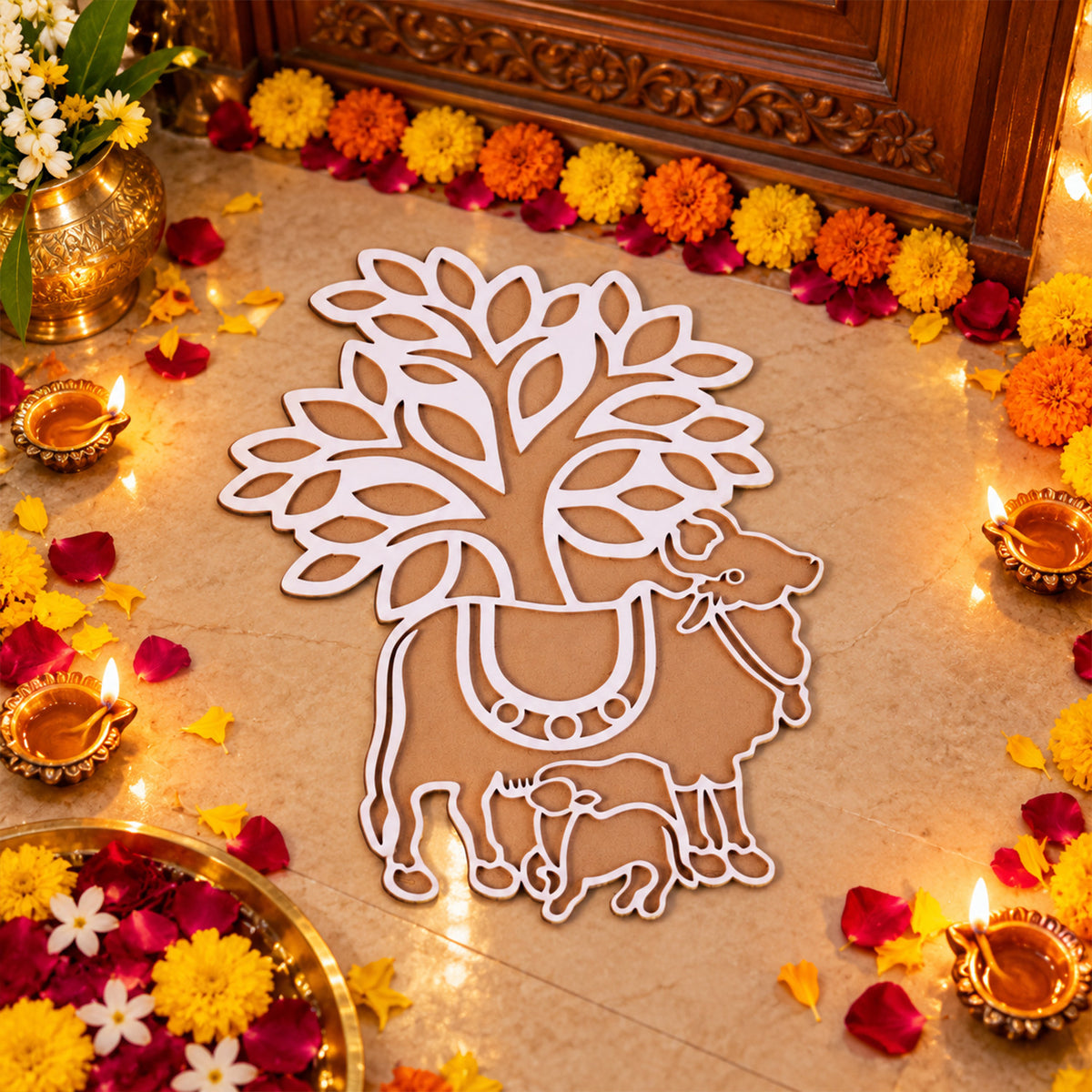 Cow and Calf Rangoli Stencil Board for Puja, Festival and Home Entrance Decor