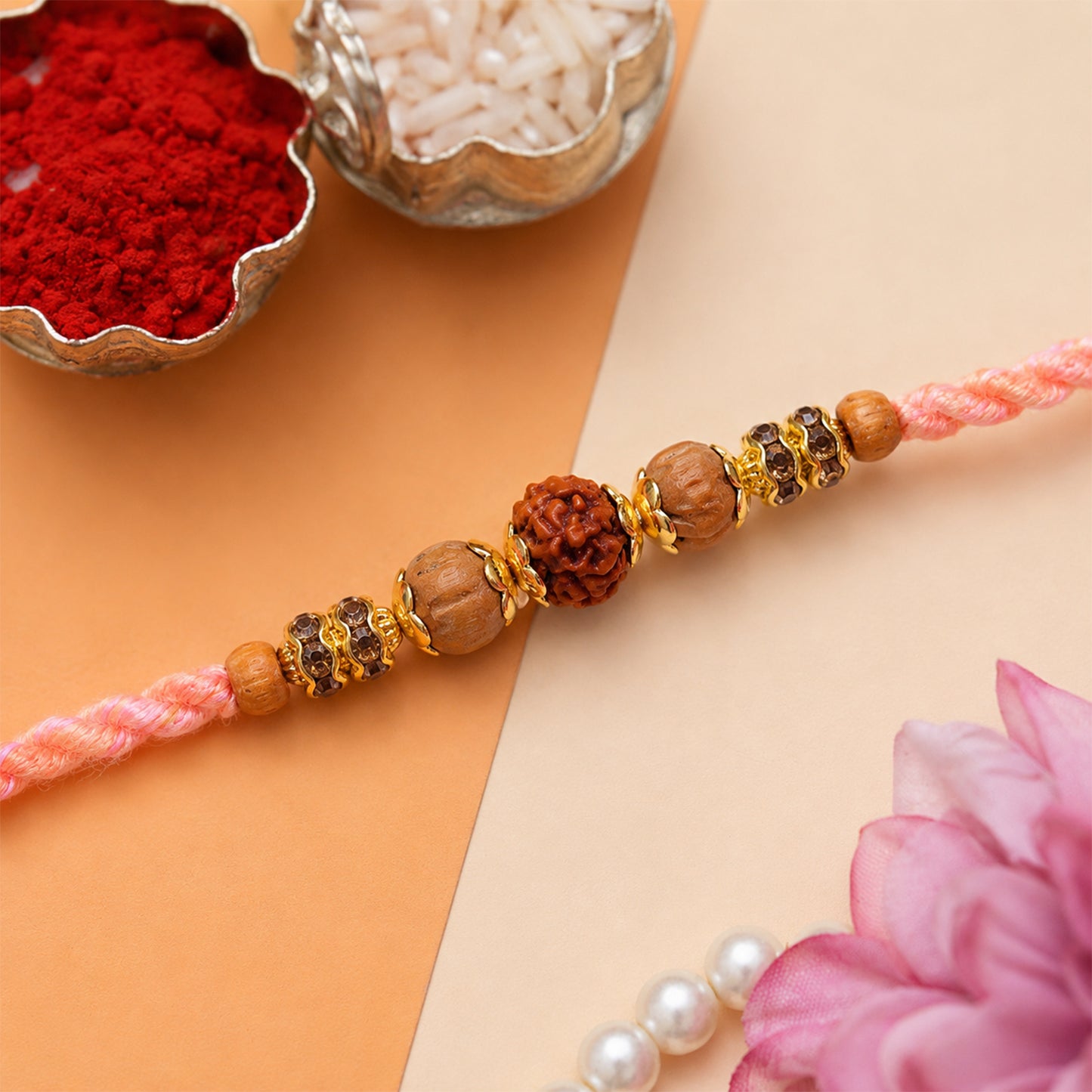 Beautiful Silver Style Rakhi with Soft Beads, Stone Detail and Premium Festive Look