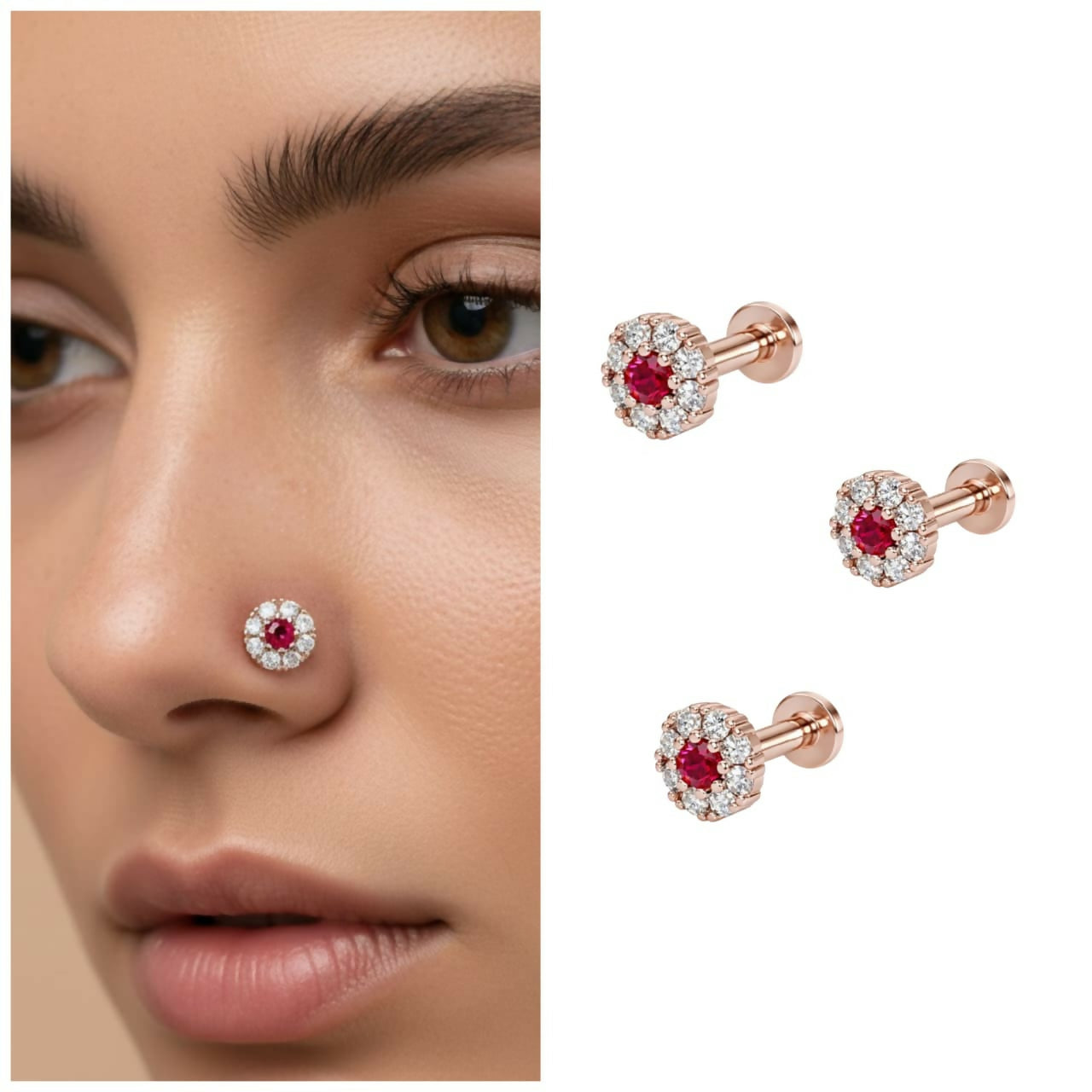Set of three rose gold nose pins with ruby stones and diamond halo accents