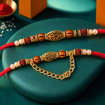 Om Design Couple Rakhi Set with Rudraksha Pearl Beads and Red Thread for Bhai Bhabhi