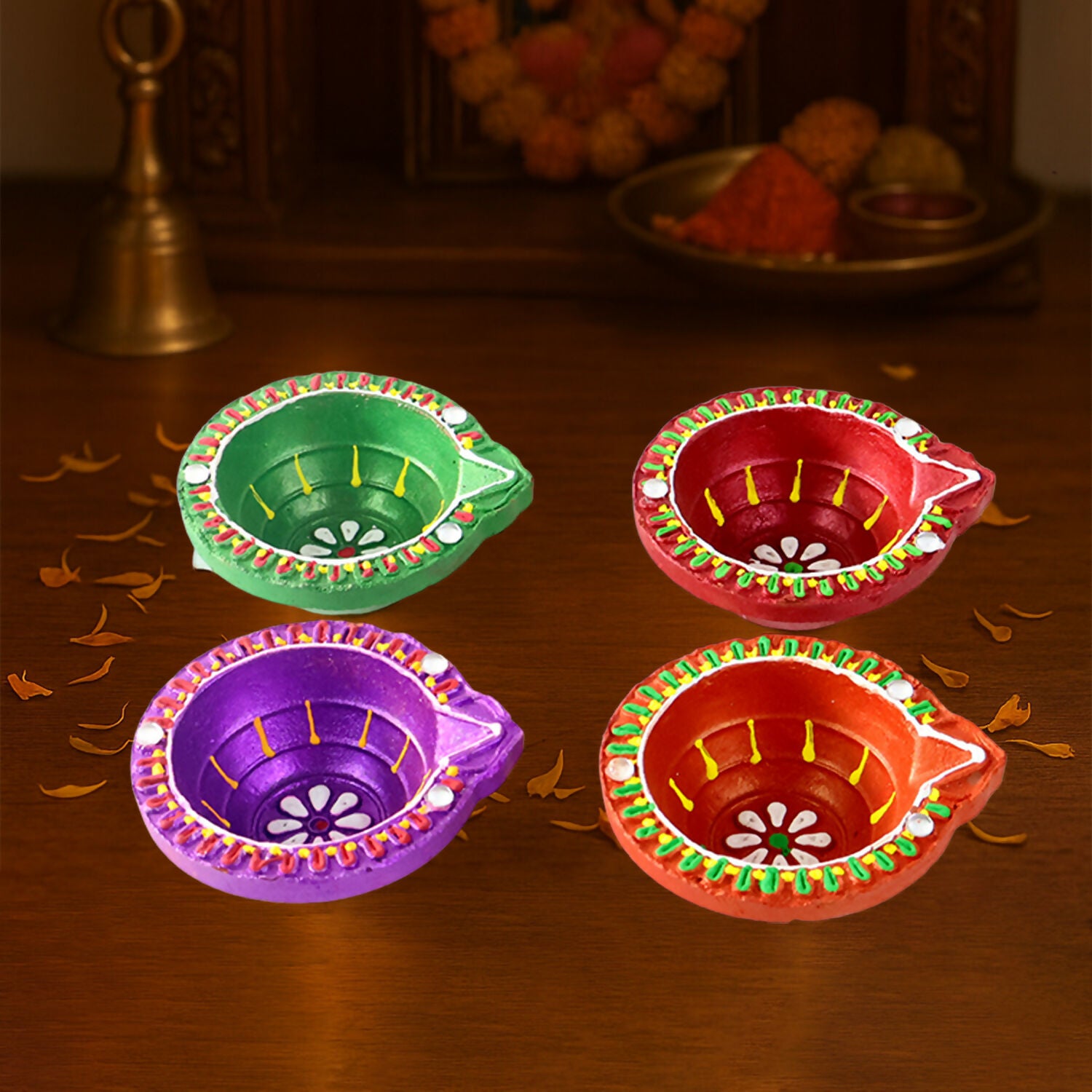 Handcrafted Multicolor Mix Diya Set of 4 – Round Flower Pattern Oil Lamps for Diwali, Pooja & Festive Decoration (Mix Design)