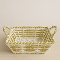 Handmade Decorative Storage Basket with Dual Handles – White & Golden Woven Multipurpose Organizer for Snacks, Fruits, Dry Fruits, Bread, Gift Hampers, Kitchen & Table Décor