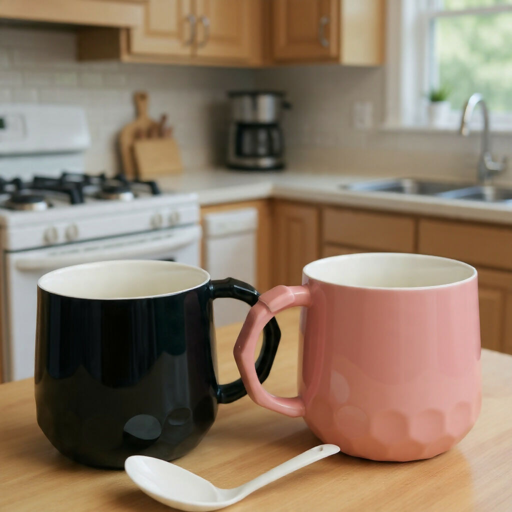 Cartoon Couple Printed Ceramic Mug Set of 2 with Spoons Gift Set (Design may vary)