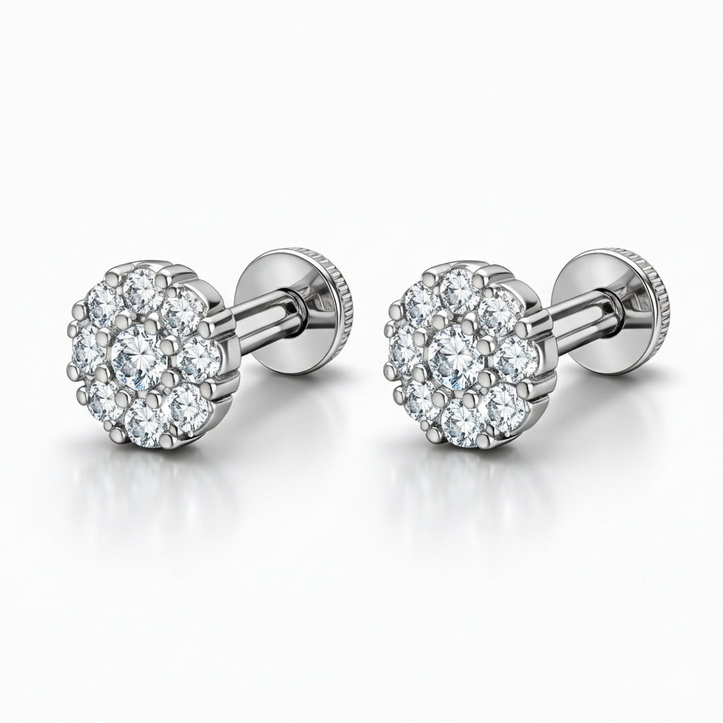 Silver plated nose pin with seven stone crystal floral cluster, front view