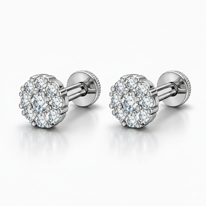 Silver plated nose pin with seven stone crystal floral cluster, front view