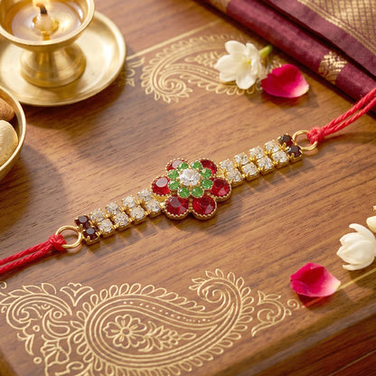 Red Floral Kundan Bracelet Rakhi with Crystal Line and Pearl Ends