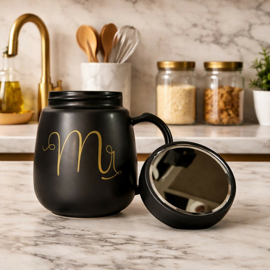 Mr Printed Ceramic Coffee Mug with Lid, Stylish Tea Cup