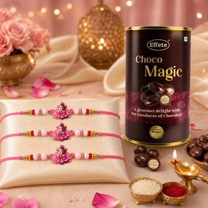 Pink Ganesha Beaded Rakhi with Choco Magic, Pack of 3