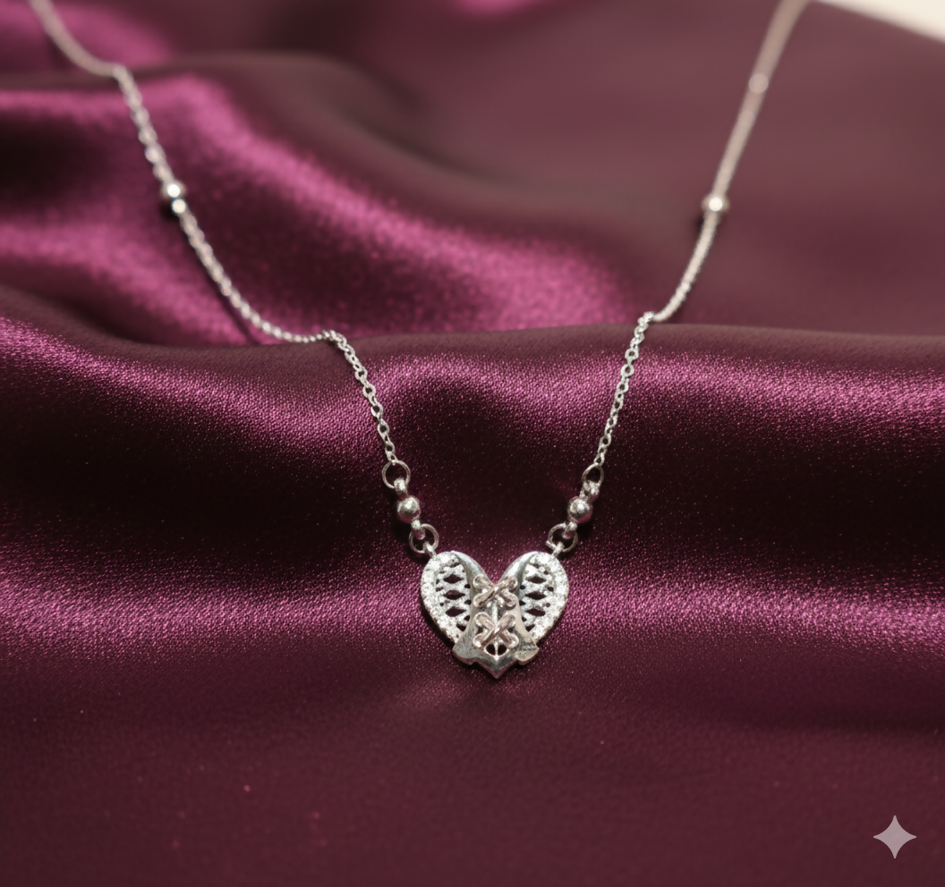 Silver Tone AD Filigree Heart Pendant Necklace for Women