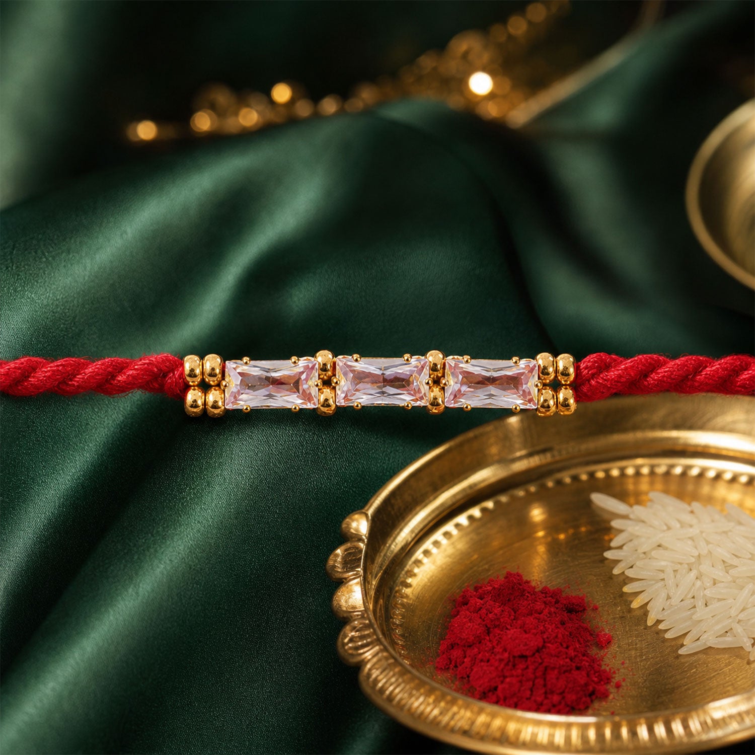 Red Thread Rakhi with a Row of Pink Baguette-Cut Crystal Beads