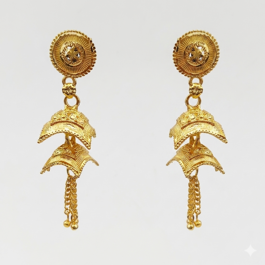Side view of traditional gold jhumki earrings