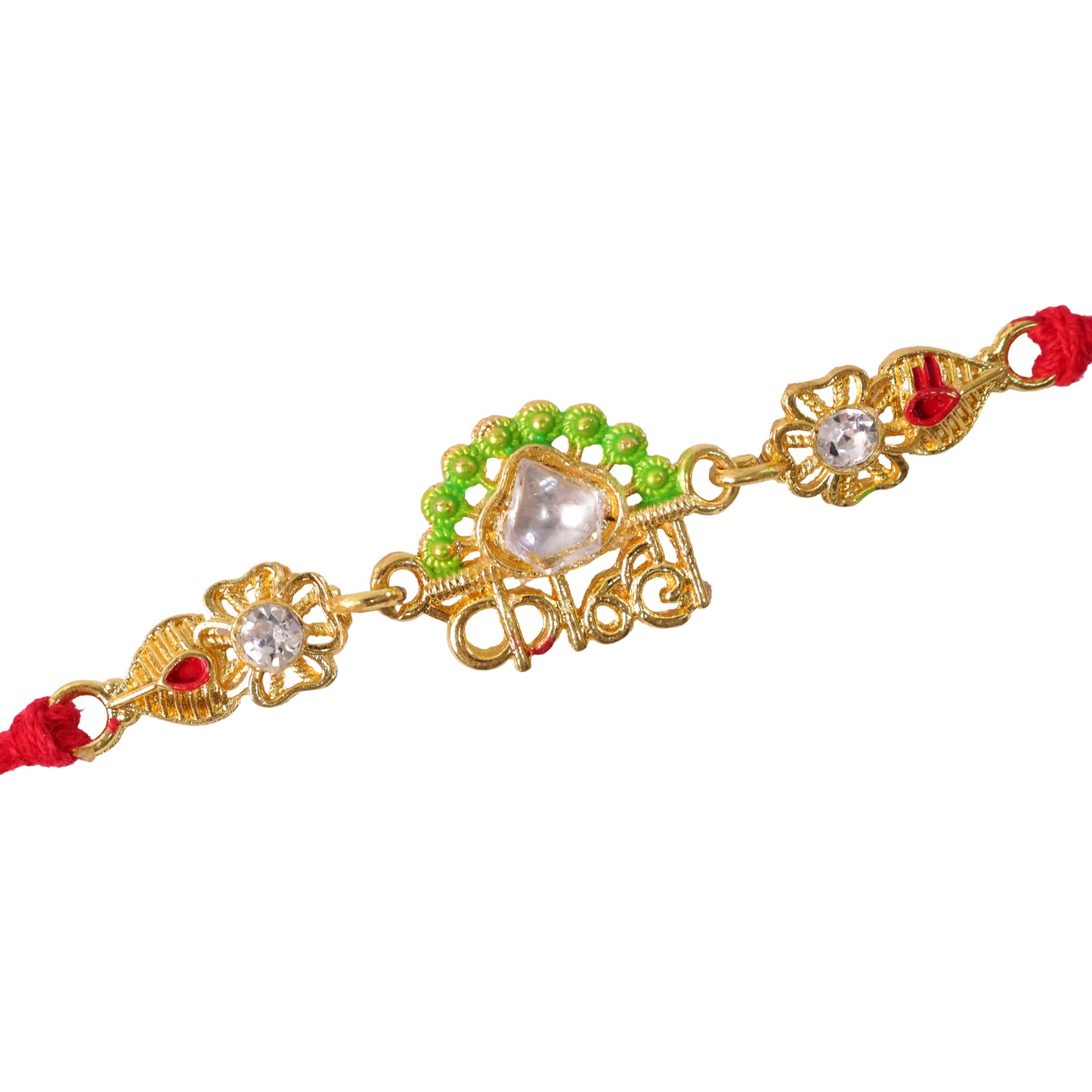 Gold-Toned Kanha Rakhi with Kundan-Style Stone, Green Enamel, Crystal Accents & Red Thread