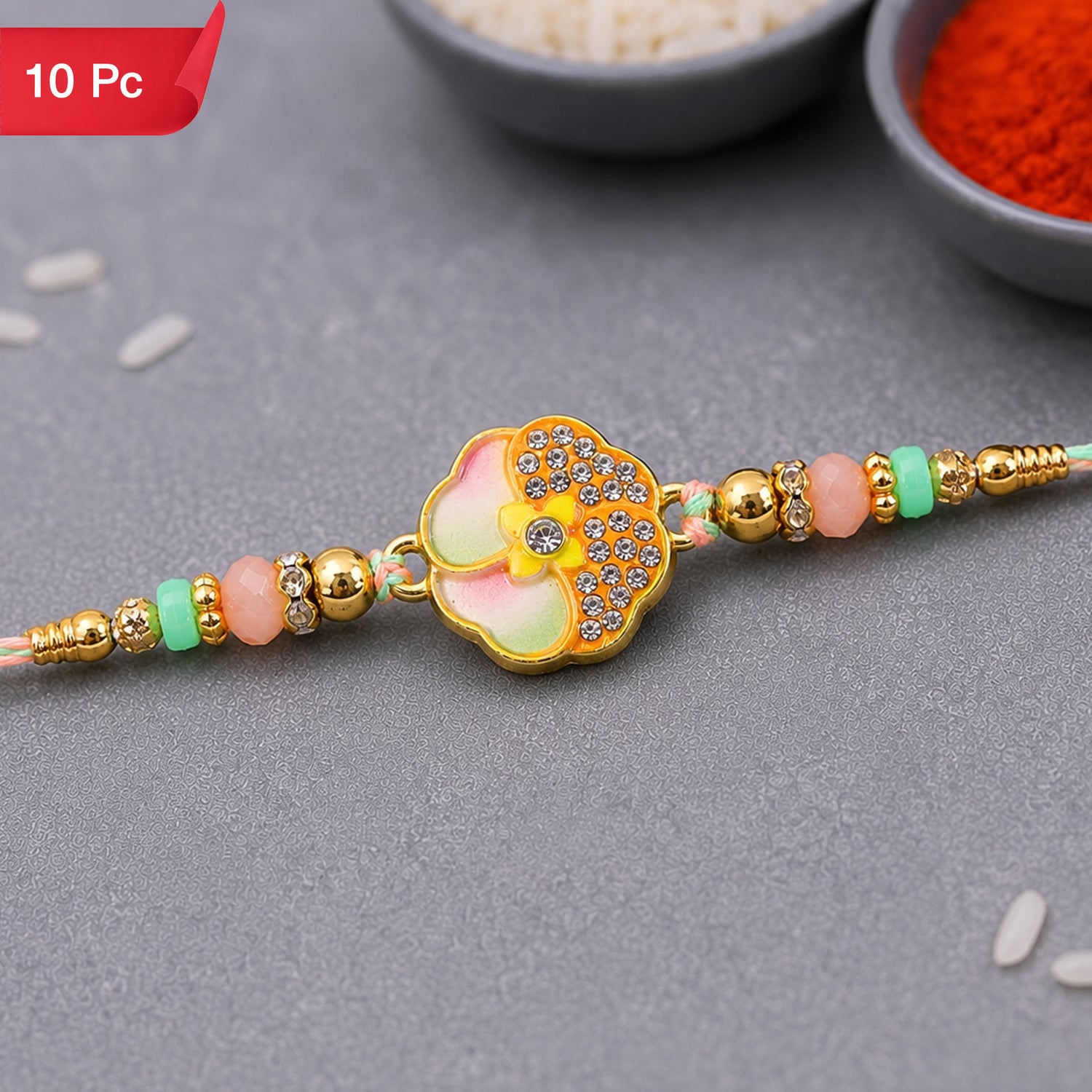 Rakhi for Brother Golden Floral Meenakari with Crystal Beads (10pcs)
