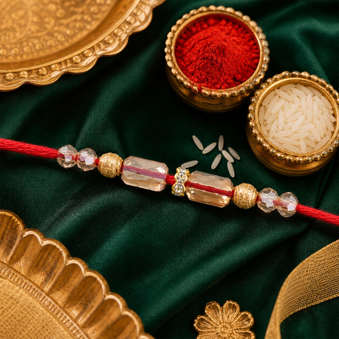 Red Thread Rakhi with Champagne Crystal Beads and Golden Accents