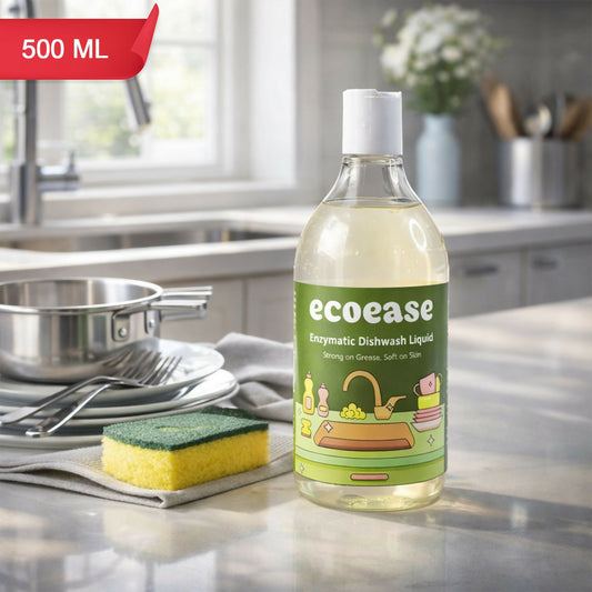 Ecoease Enzymatic Dishwash Liquid 500ml bottle with fresh dishes