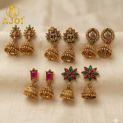 Royal Temple Gold Jhumka Earrings Set - Front View