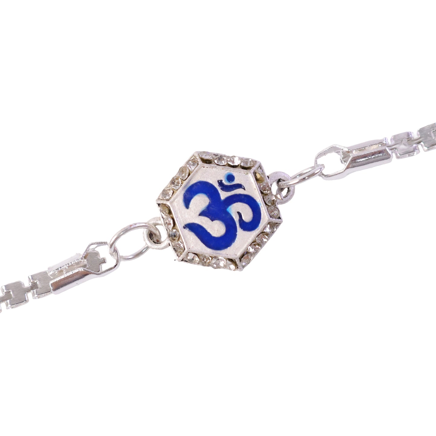 Om Charm Crystal Studded Enamel Silver Chain Designer Rakhi