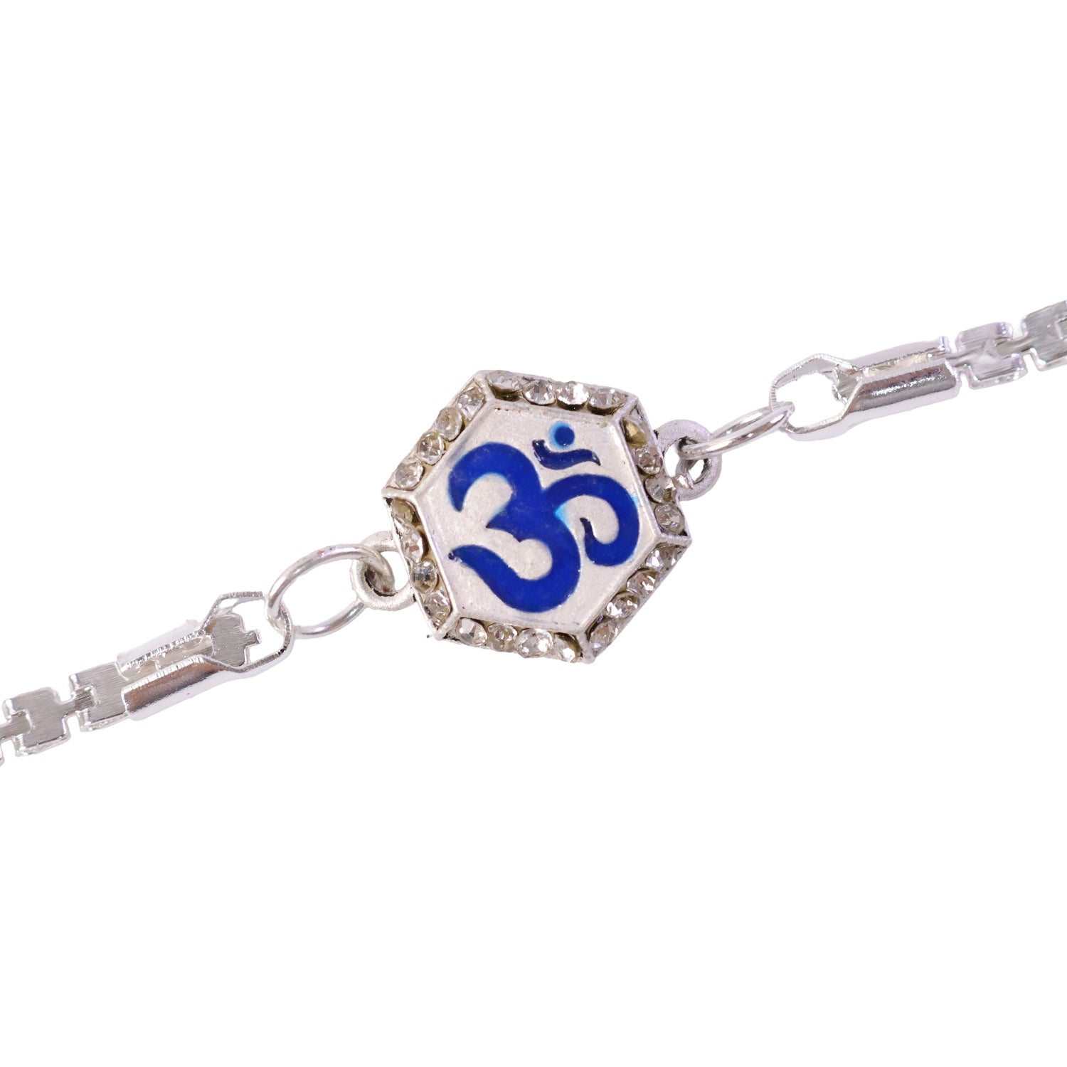 Om Charm Crystal Studded Enamel Silver Chain Designer Rakhi