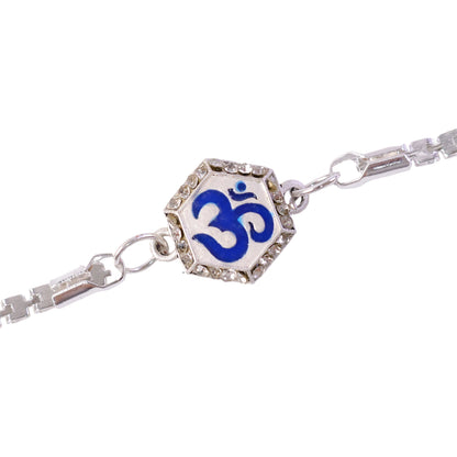 Om Charm Crystal Studded Enamel Silver Chain Designer Rakhi